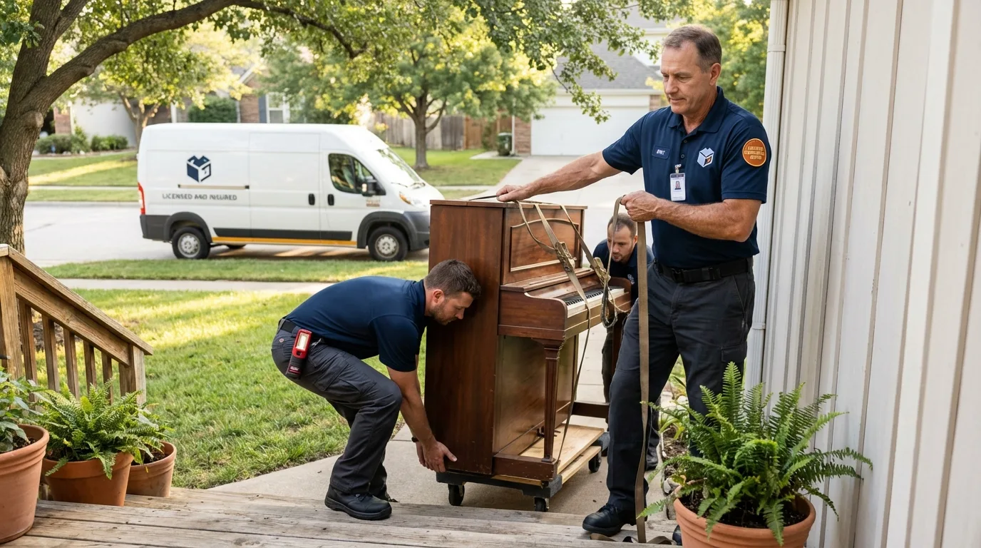 Licensed piano movers securing grand piano in Yarmouth Port, MA