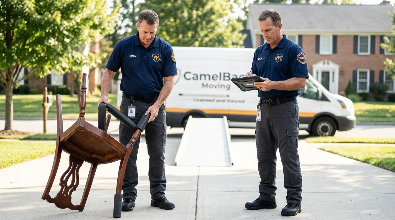 Movers inspecting furniture for damage prevention before loading in Yarmouth Port, MA