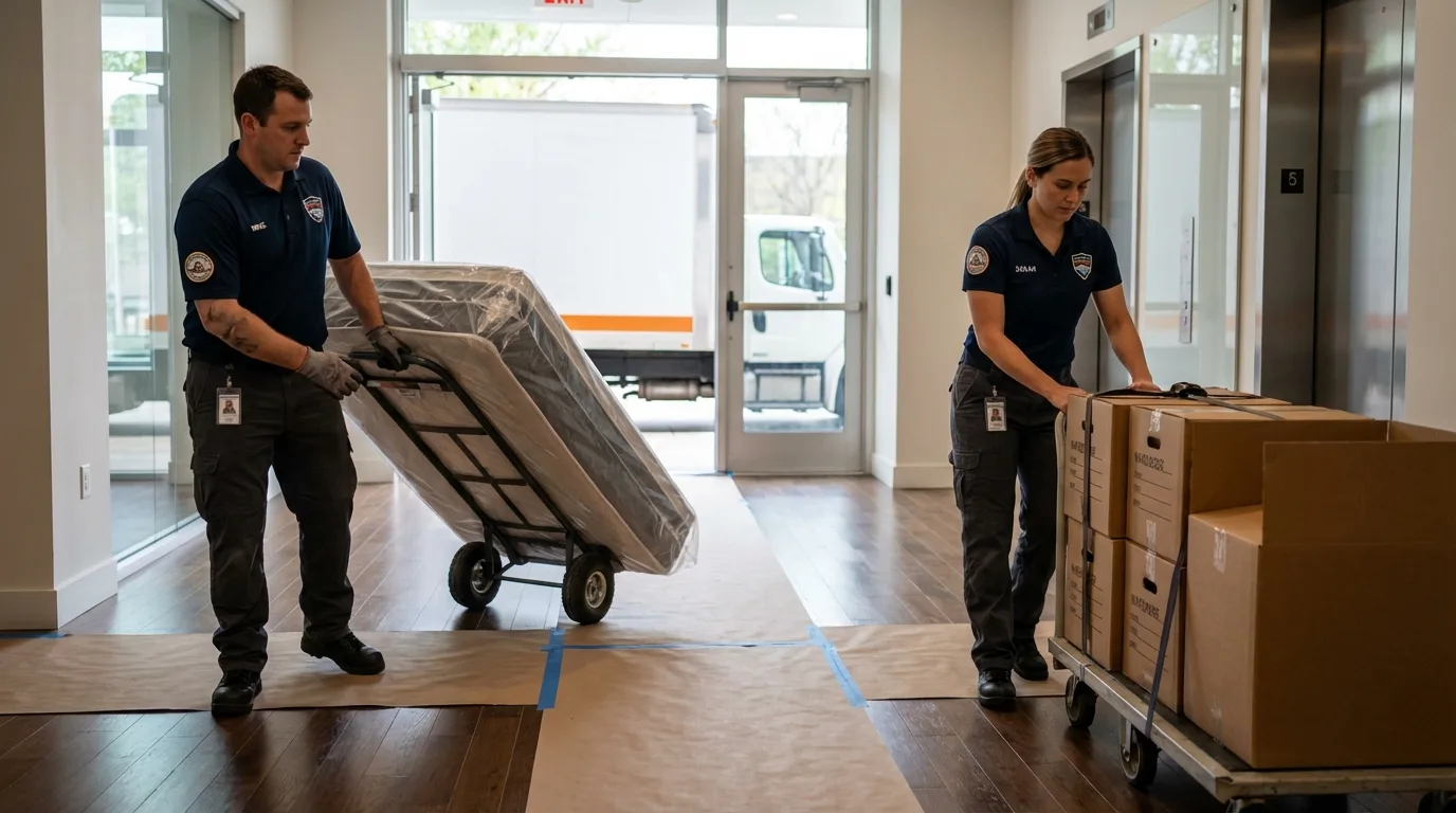 Professional apartment movers loading elevator in Yarmouth Port, MA