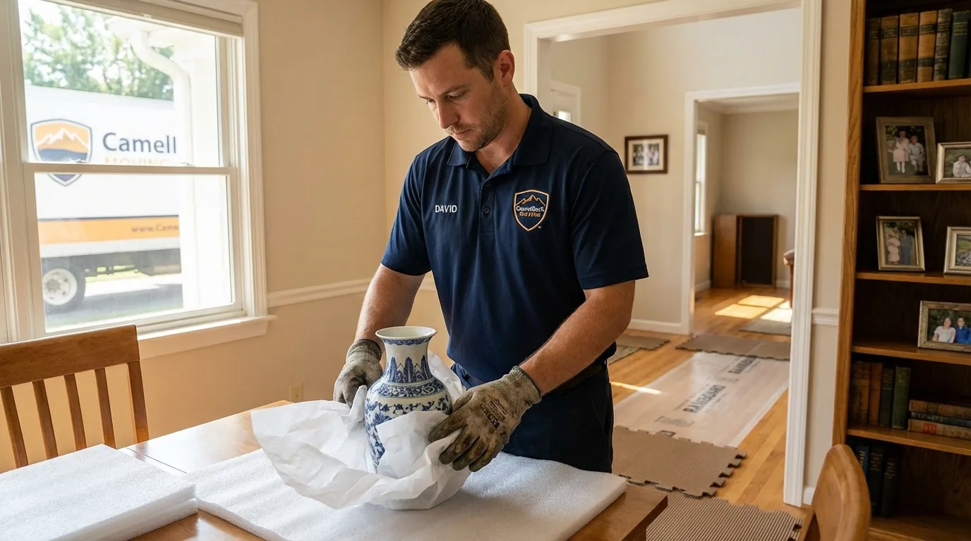 Professional crew carefully wrapping antique vase for senior downsizing move in Yarmouth Port, MA
